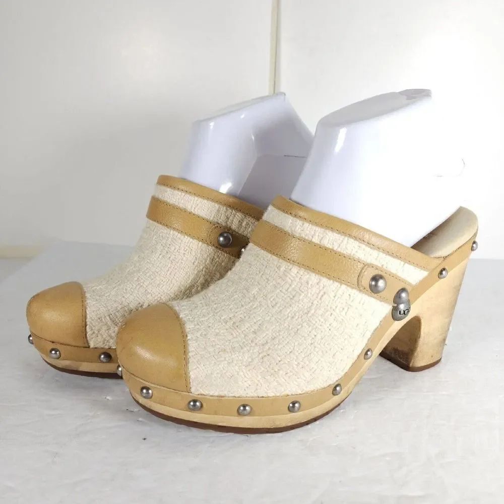 UGG Australia Women's Jolene US 7 Beige Textile Leather Sheepskin Mules Shoes